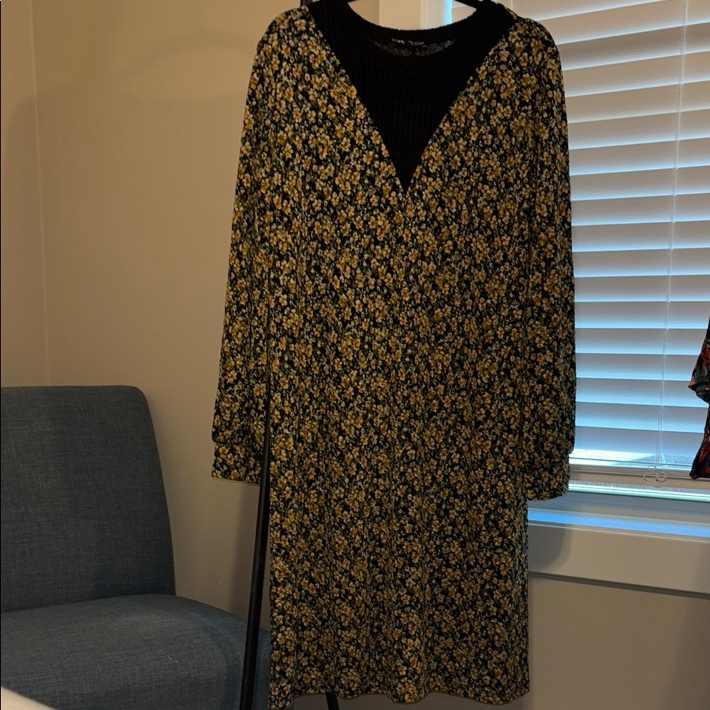 Zara Black and Yellow Floral Long Sleeve Dress